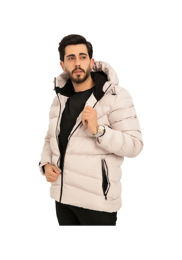 Erkek Kapüşonlu Polarlı Kürklü Su Geçirmez Rüzgara Dayanıklı Şişme Mont Kaban Parka Taş