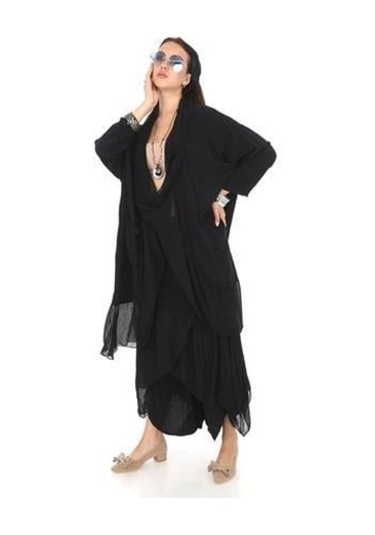 Italyan Büyük Beden Ipek Detaylı Oversize Kaftan & Bluz-9896 Siyah
