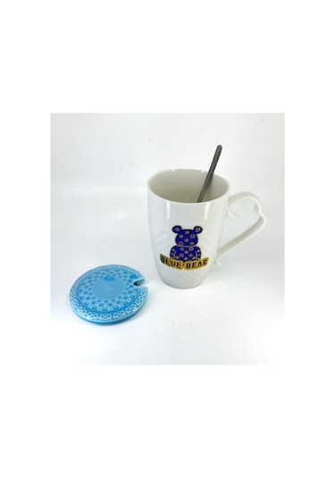 Porselen Kapaklı Mavi Ayıcık Desenli Porselen Kupa Bardak Beyaz