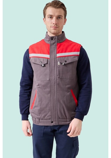 Kışlık İş Yeleği Grikırmızı Gabardin Çok Cepli Royal Sıcak Tutucu Rüzgar Geçirmez Reflektörlü Gri-kırmızı