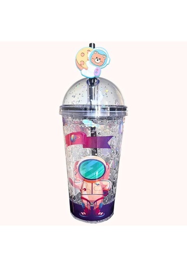 Pipetli Bardak Matara Sevimli Suluk 450 Ml Çift Astronot Figürlü Mor