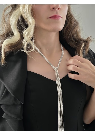 Gümüş Kaplama Üç Sıralı Su Yolu Şal Model Kolye Beyaz