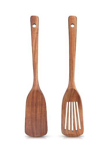 Springsun 2 Parça Akasya Ahşap Mutfak Spatula Seti: Kaymaz Tencere Uyumlu Düz Ve Delikli Spatula, Toksik Madde Free, Gönüllü Kullanim, Ergonomik Kollu