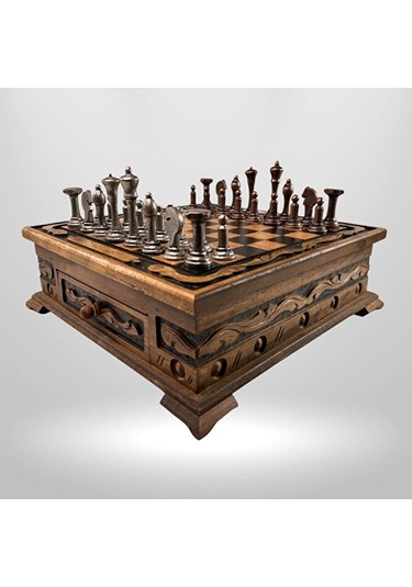 Mc02 Metalicraft Premium Metal Satranç Takımı - Doğal Ahşap Çekmeceli Ceviz Tahta - El Yapımı
