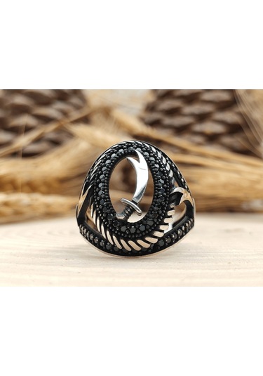 Gümüş Erkek Yüzük Nano Taş Süslemeli Zülfikar Figürlü