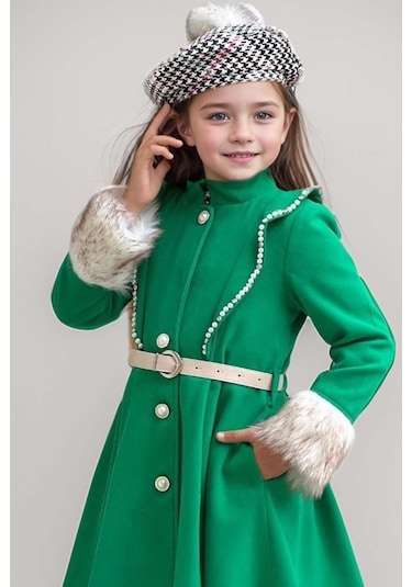 Riccotarz Kız Çocuk Kazayağı Desen Elbise Kolları Peluş Ve Omuzları İnci İşleme Kemerli Yeşil Kaşe Kaban Yeşil