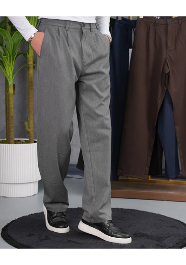 Modefendi Baggy Kesim Pile Detaylı Kumaş Pantolon Gri