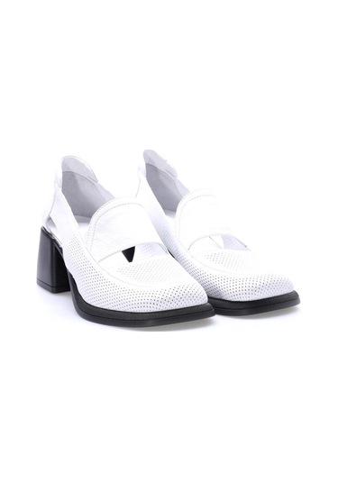Hakiki Deri Kadın Kalın Topuklu Ayakkabı 217za758-02 Beyaz