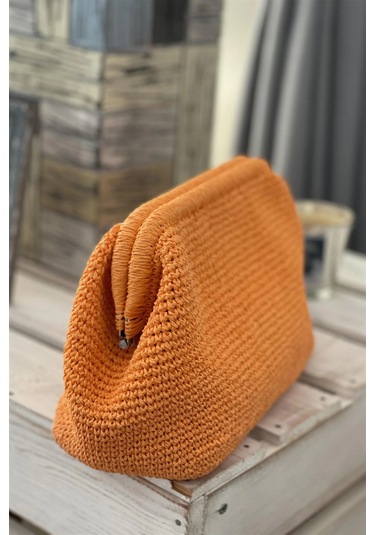 El Yapımı Pastel Turuncu Renk Basic Örgü El Çantası Kağıt İp Turuncu