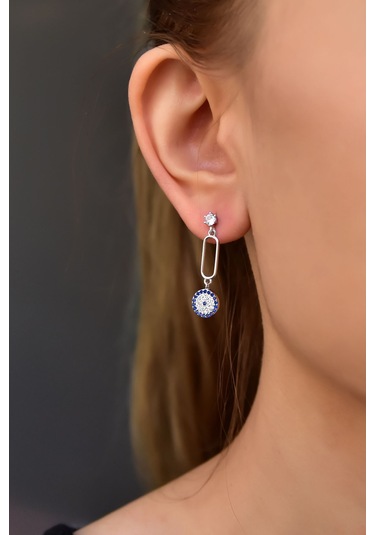 925 Ayar Gümüş Rodyum Kaplama Sallantılı Köşesiz Dikdörtgen Tektaş Nazar Küpe