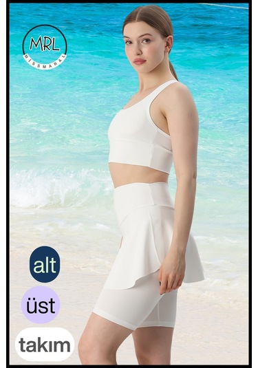 Kadın Mayo Takım Yüksek Bel Biker Etekli Şort Ve Pedli Crop Likralı Çabuk Kuruyan Kumaş Plaj Giyim Ekru