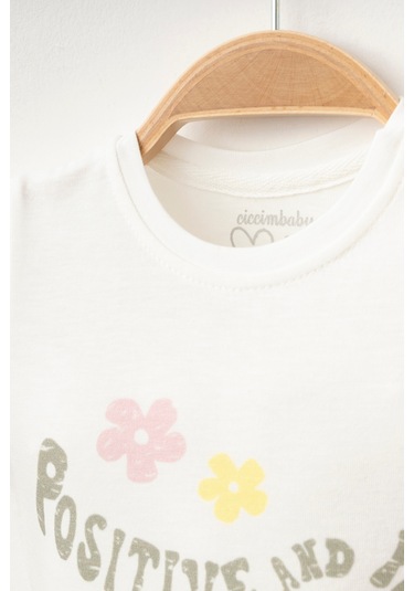 %100 Pamuklu Posıtıve Flower T-shirt Ekru