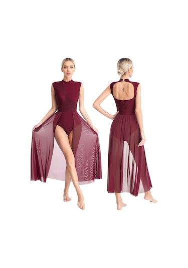 Bordo Kadın Çağdaş Lirik Dans Elbise Bale Jimnastik Leotard Kolsuz Şifon Dökümlü Elbise Sahne Performansı Giyim