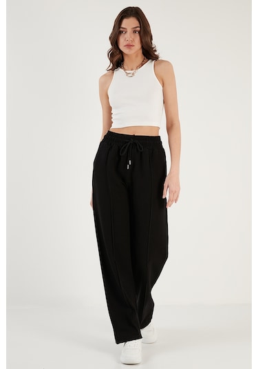 Lela Pamuk Ve Keten Karışımlı Yüksek Bel Rahat Kesim Bol Paça Spor Bayan Pantolon 5865022 Siyah