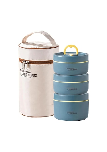 3'lü Katlanabilir Termal Yemek Kabı Seti - Izolasyonlu Taşınabilir Öğle Yemeği Saklama Kutusu, Yetişkin Ve Çocuklar İçin Pratik Yemek Taşıma Çantası MAvi