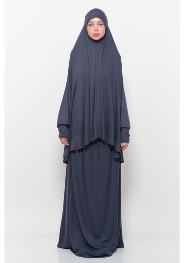 Pratik 2 Parça Pamuklu Yarasa Kollu Başörtülü Tesettür Namaz Elbisesi Füme Antrasit