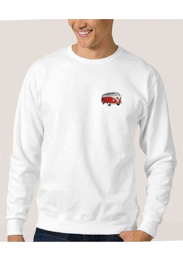 Araba Minibüs Kırmızı T2 Baskılı Beyaz Erkek Örme Sweatshirt