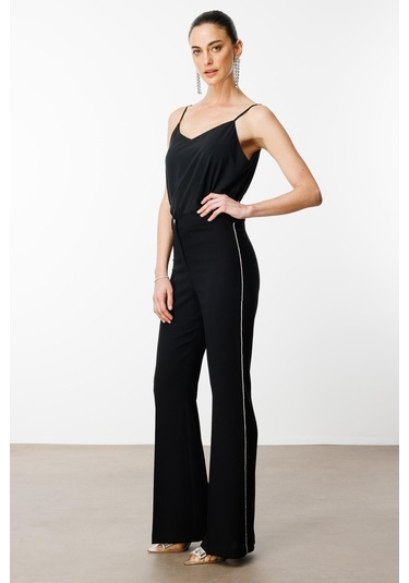 Moda İlgi Kadın Yanı Şerit Taş Aksesuarlı Pantolon 0077 Siyah Siyah