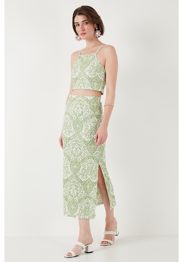 Lela Slim Fit Ip Askılı Yırtmaçlı Midi Alt-Üst Bayan Takım 5869021 Olive