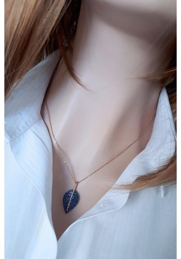 Lacivert Yaprak Kolye _S _Rose