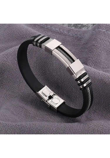 Gümüş Moda Paslanmaz Çelik Bilezikler Bilek Bandı Siyah Silikon Punk Bileklik Rahat Bilezik