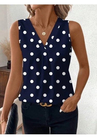 Defymoda Kadın Askılı V Yakalı Puantiyeli Süprem Bluz Lacivert