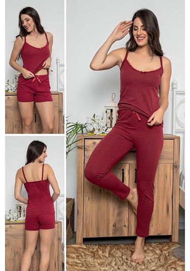 Kadın Bordo Renkli Dantel Detaylı Şortlu Ve Taytlı Pijama Takımı 3'lü Set 75018 Bordo