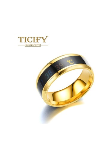 Altın Paslanmaz Çelik Sıcaklık Halkası Vücut Sıcaklığı Akıllı Sıcaklık Algılama Titanyum Çelik Çift Yüzük Altın