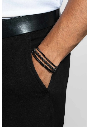 Gri Hematit Taşlı Ayarlanabilir Erkek Çelik Üçlü Bileklik Seti Siyah