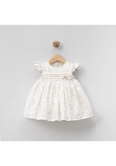 Yazlık Çiçek Baskılı Omuzları Fırfırlı Bebe Kız Elbise Bej