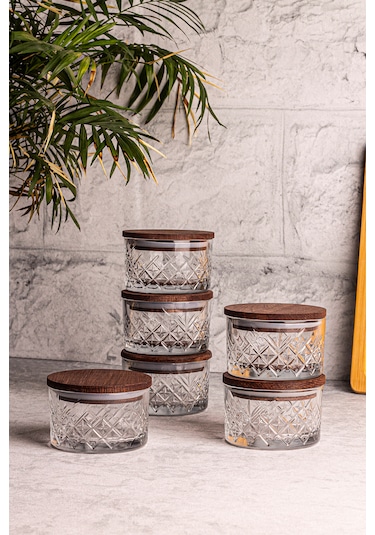 Snippy Milla 6'lı Ahşap Vakumlu Kapaklı Cam Kahvaltılık Ahşap - Şeffaf