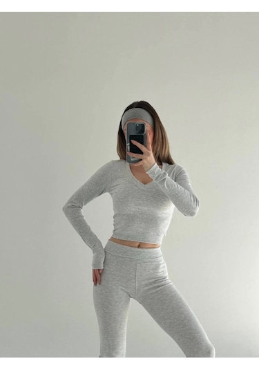 V Yaka Uzun Kollu Bluz İspanyol Paçalı Tayt İkili Takım - Gri