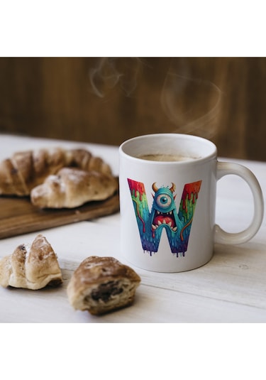 W Harfi Bardak, Sevimli Canavarlar Harflı Bardak Hediyesi Porselen Beyaz