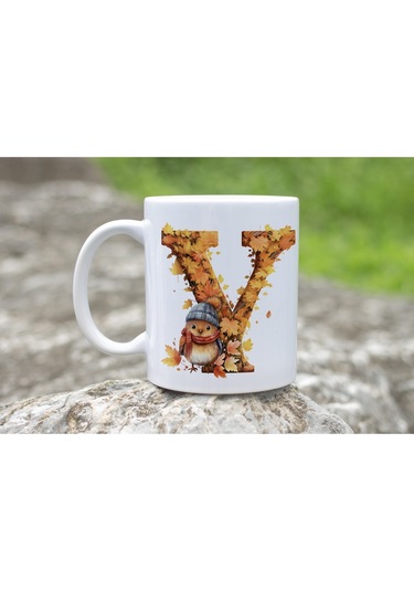 Y Harf Sonbahar Yaprak Temalı Kupa Bardak - Sevimli Figürler İle Alfabe Harfli Bardak - Kişiye Özel Beyaz