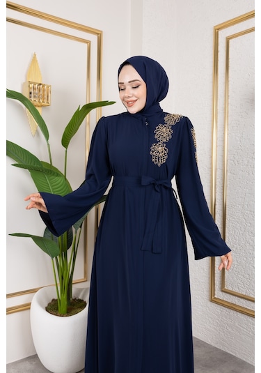 Nevayla Moda Sol Tarafı İnci Detaylı Ferace - Lacivert / F0140 Lacivert