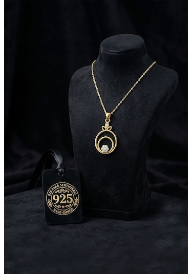 925 Ayar Zirkon Taşlı Gold Çiçekli Halka Gümüş Kolye Rzn10066
