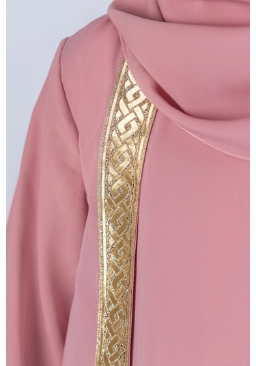 Eşarplı Ferace Medine İpek Kumaş Kız Çocuk Pembe