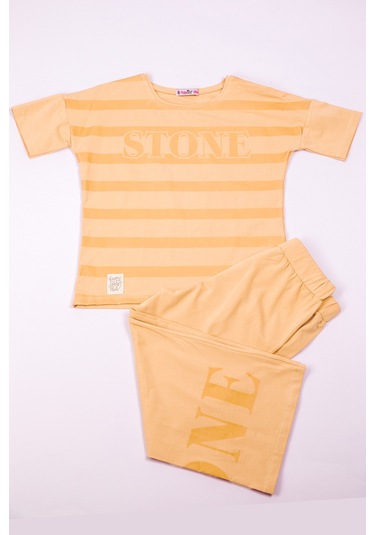 Kız Çocuk Eşofman Takımı Çizgili İspanyol Paça B17 Bej