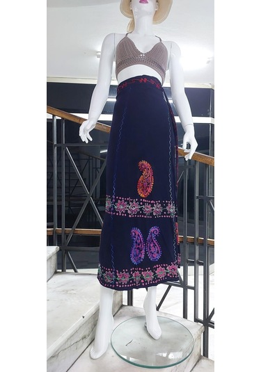 Hint Batik Çiçek Desenli Ve İşlemeli Uzun Hint Anvelop Etek Lacivert