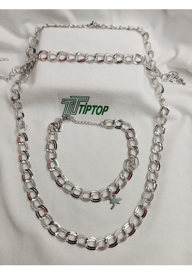 Tiptop/ Gümüş Renk Samanyolu Zincir Çelik Choker Kolye - Bileklik- Halhal Set Gümüş
