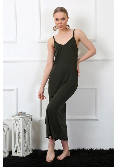 Moda Çizgi Kadın İp Askılı Haki Uzun Gecelik 901 Haki