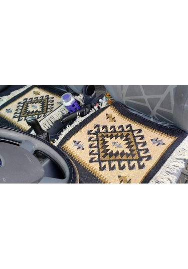 Reversible Oto Koltuk Kilim Seti 3 Parça Makine Dokuma Akrilik & Polyester Saçaklı - Siyah