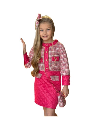 Riccotarz Kız Çocuk Kapitone Ve Altın Şerit Detaylı Şanel Fuşya Etekli Takım Fuşya