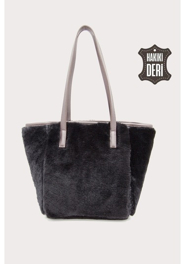 Hakiki Deri Kürklü Kadın El Çantası Siyah Smr9152 Siyah