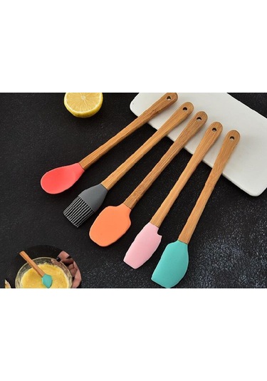 Zhlhome Renkli Bambu Saplı Silikon Uçlu Spatula 5li Set Ahşap