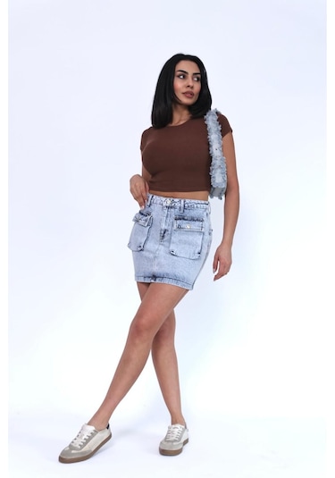 Zeo Basic Kargo Cepli Mini Skirt Mavi- Buz