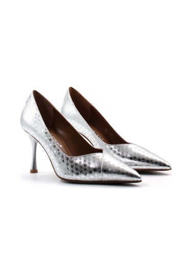 Hakiki Deri Kadın İnce Topuk Ayakkabı 019za24-485 Gümüş