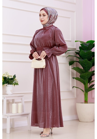 Kolu Volanlı Simli Alya Abiye-bordo-4870