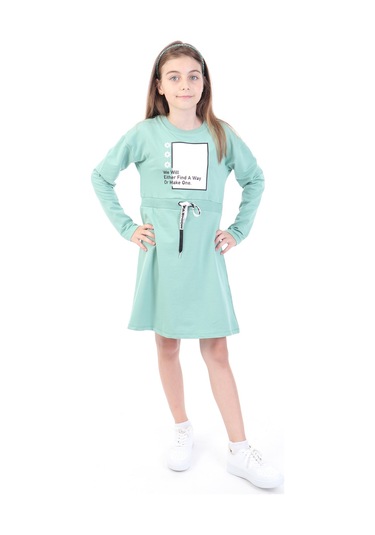 Toontoy Kız Çocuk Bel Kordon Geçişli Yazı Baskılı Elbise Yeşil