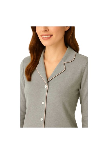 Gri Renk Uzun Kol Önden Düğmeli Pijama Takımı Gri